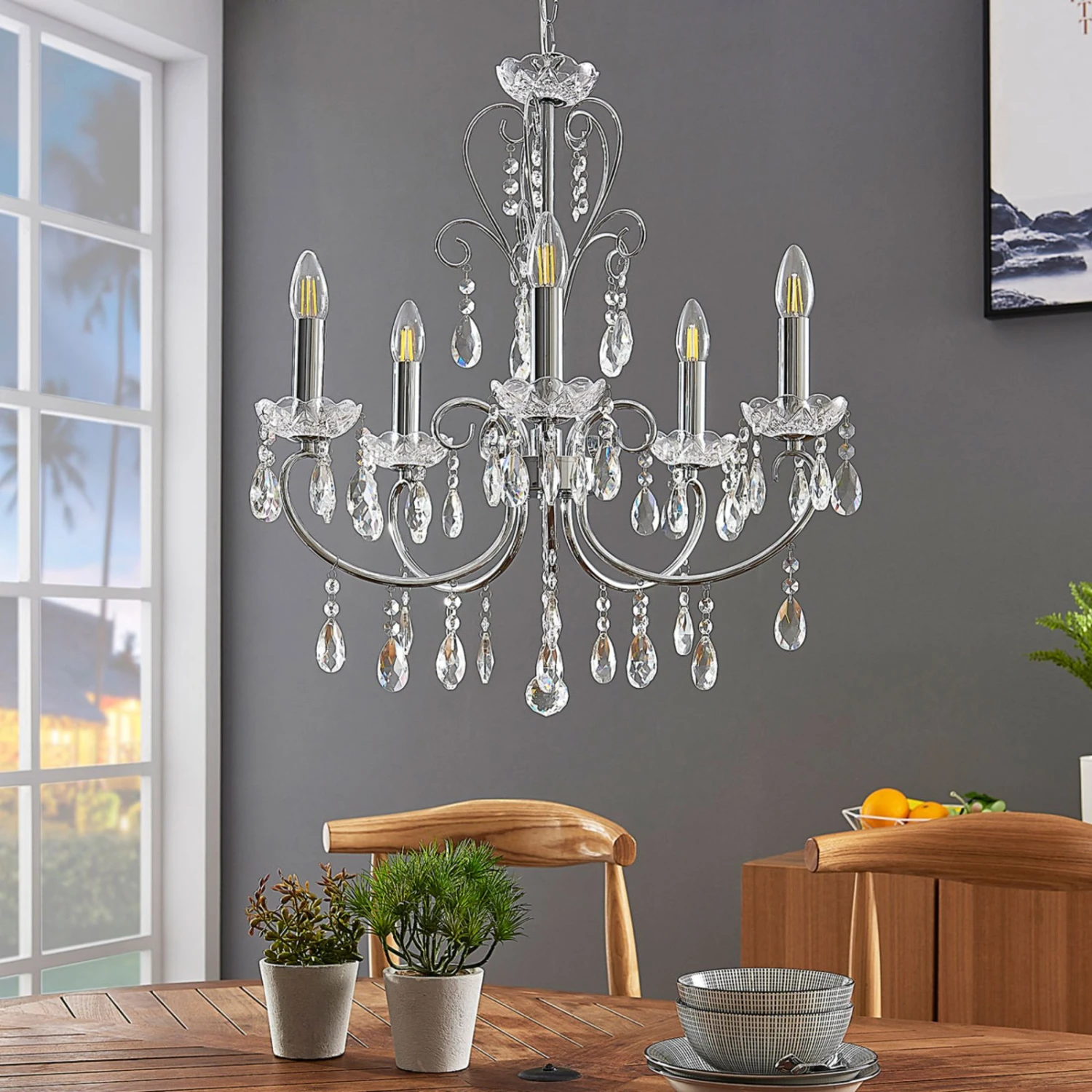 Lucande Kronleuchter Solveig Mit Kristallen, 5-fl., Chrom 4 Lucande Kronleuchter Solveig Mit Kristallen, 5-fl., Chrom – Bild 2